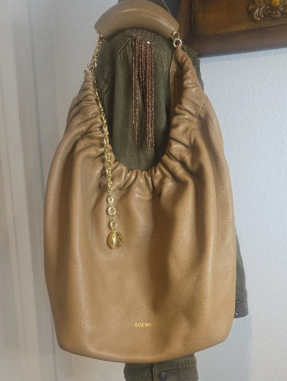 Loewe Camel Tan Leather & Suede Hobo with Gold Chain